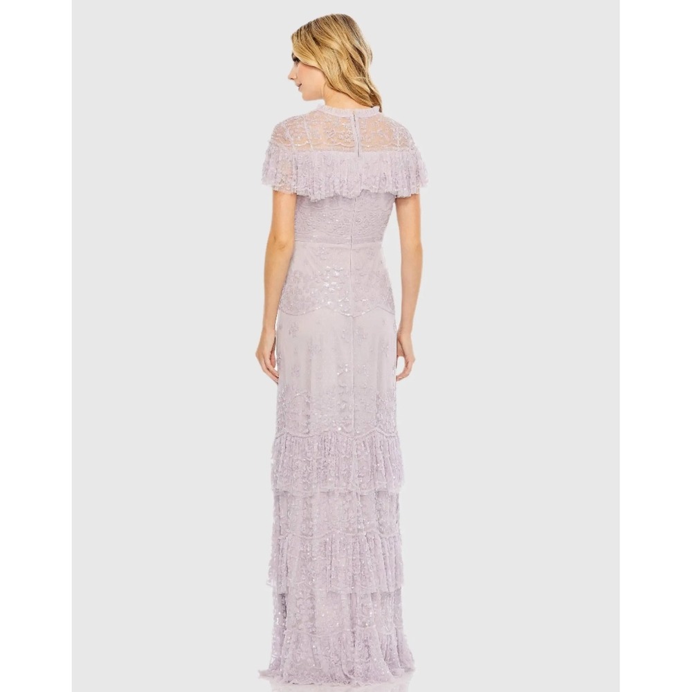 Mac Duggal 9195 Lavender Sequin Floral Lace Tiered Gown Ruffle Capelet Maxi - Picture 2 of 16
